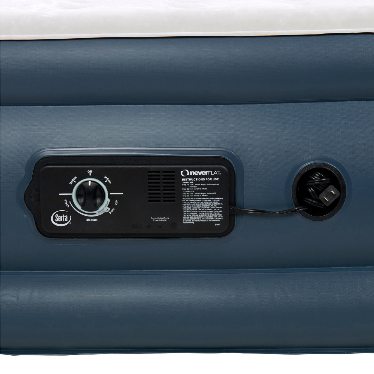 Close up of Serta 18" Raised Queen Airbed With NeverFlat Pump, showing pump