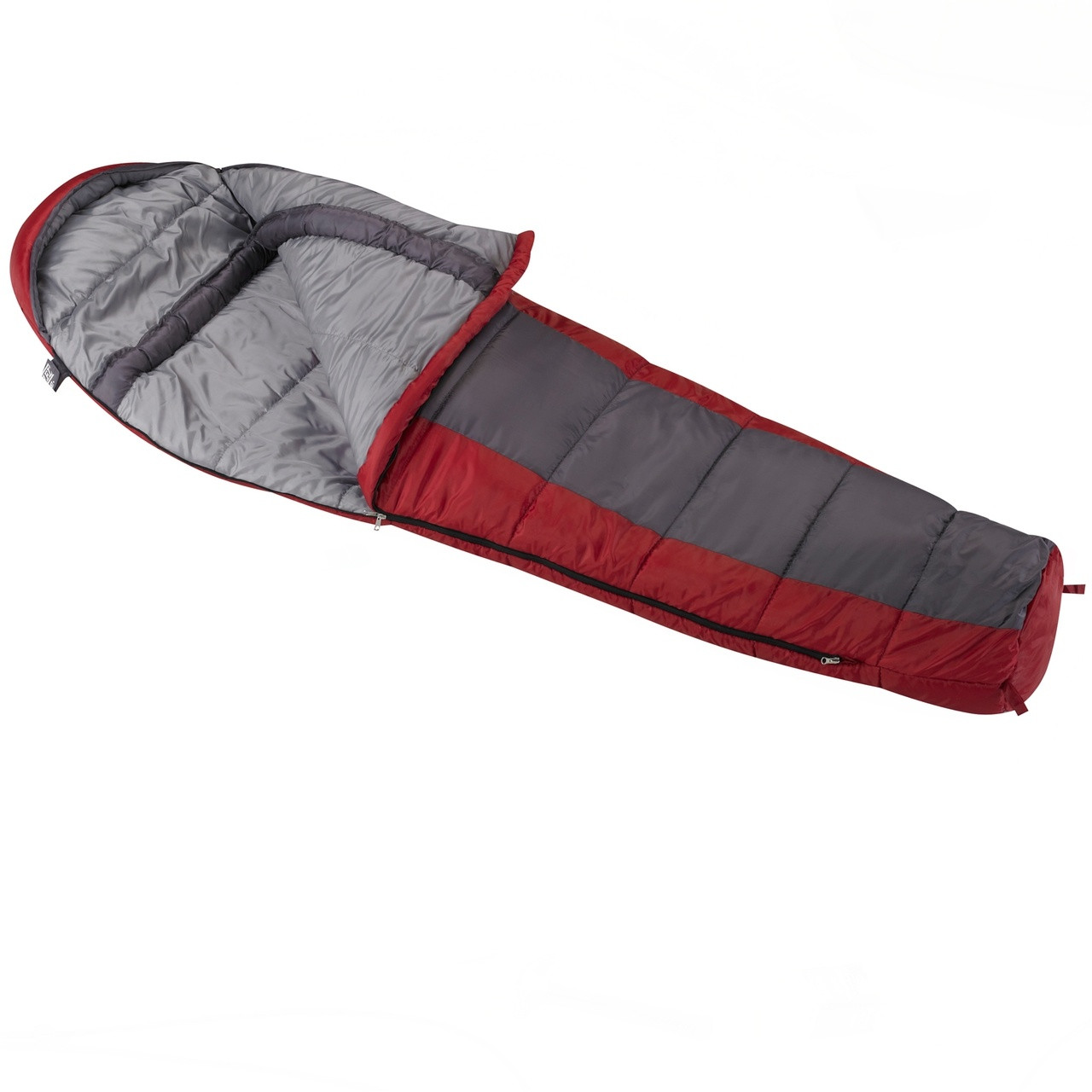 Wenzel Windy Pass Mummy 0 degree sleeping bag, blue and red, laying flat with the corner partially unzipped and folded over showing the gray interior of the sleeping bag