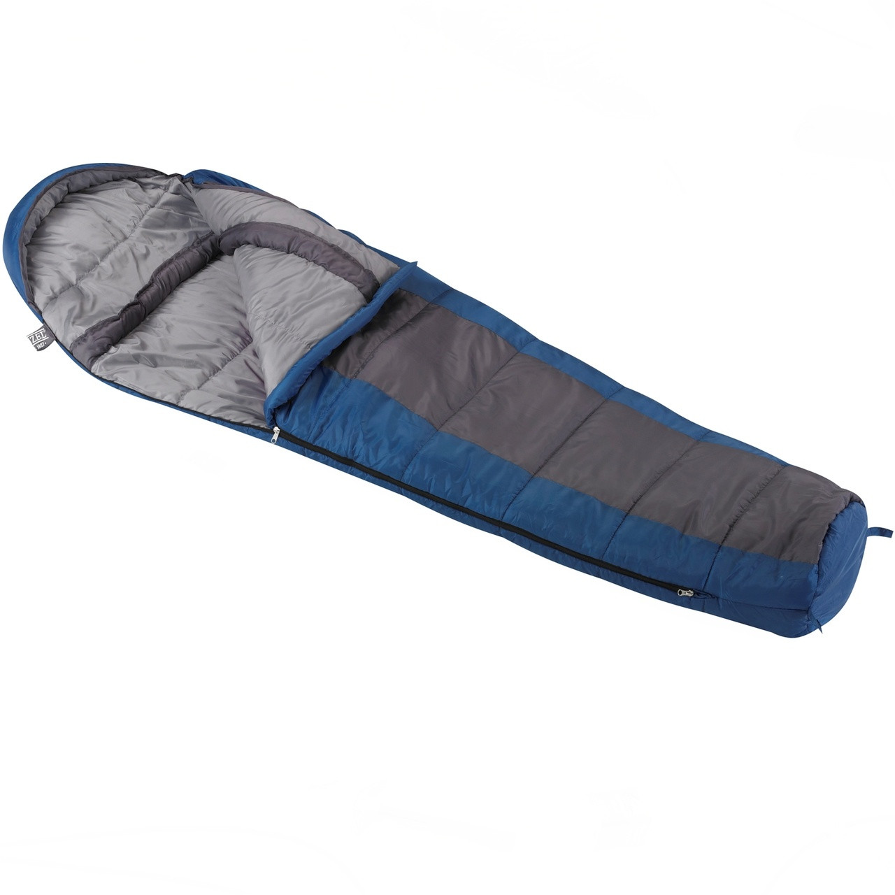 Wenzel Santa Fe Mummy 20 degree sleeping bag, blue and gray, laying flat with the corner partially unzipped and folded over showing the gray interior of the sleeping bag