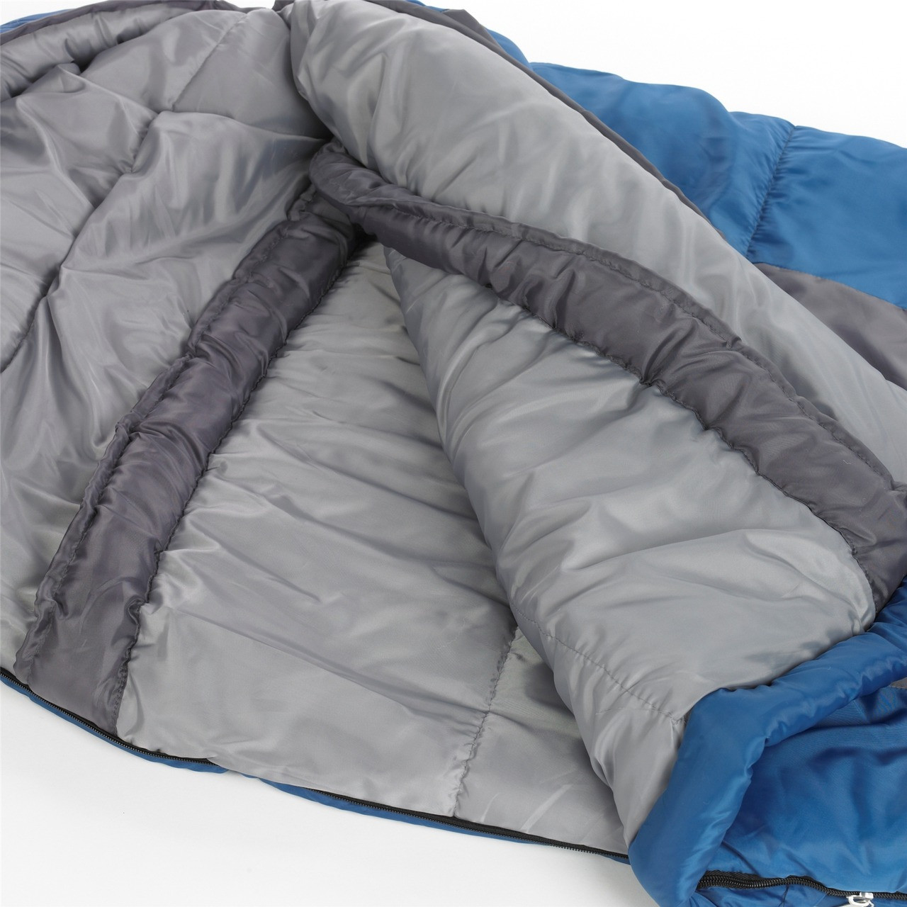 Close up view of the Wenzel Santa Fe Mummy 20 degree sleeping bag partially folded open showing the gray draft collar