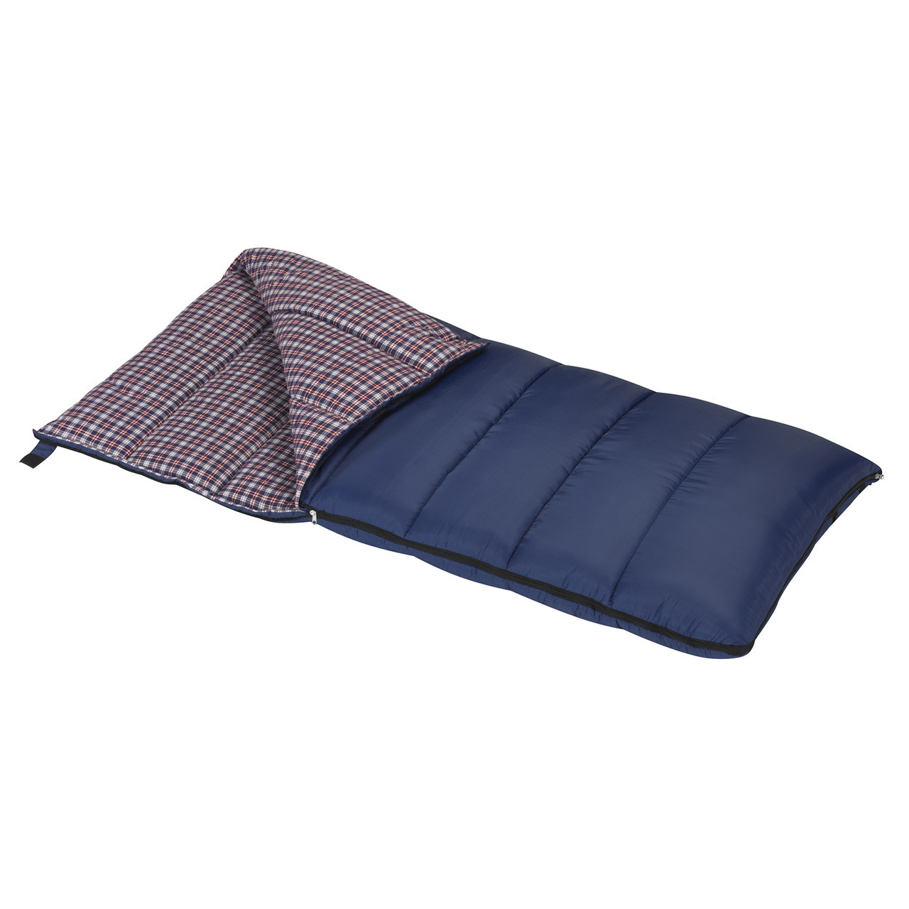 Wenzel Blue Jay 25 degree sleeping bag, blue, partially unzipped and folded over showing the blue and white plaid interior