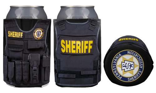 Can koozie printed in full color featuring a tactical vest and PA Sheriff logo.