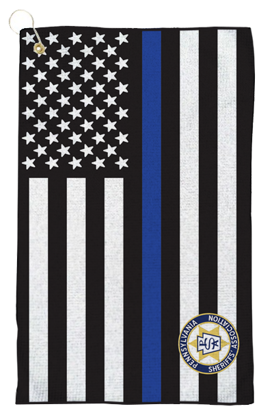 Blue Line Service Stripe flag, printed on a golf towel in full color with PSA logo. Show your support on the golf course.

Backside is blank