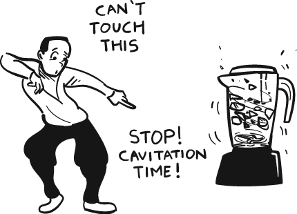 Illustration of A Dancer with Baggy Pants ointing to Blender Bleding. Says Can't Touch This! ....Stop! Cavitation Time! 