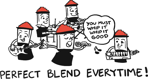 Round 3 - Compare Blender Pre-Programmed Automatic Cycles. Image of Devo Rock Band and all band members are blenders. The band lead signer is singing 
