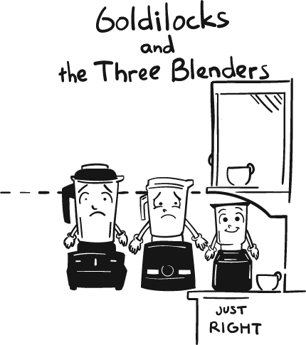 Picture of three blenders. A Blendtec and two Vitamix Models. Both Vitamix Blender Models are sad because they are too tall to be stored under the kitchen cabinet. The Blnetec Blender is smiling happy because it easily slides under the upper kitchen cabinets. So it can easily stay and be kept on the counter. The picture is titled - Goldilocks adn the Three Blenders