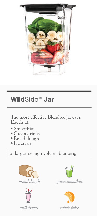 WildSide Jar the most effective blending jar. Excellent for smoothies, green drinks, bread dough and ice cream. 