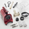Parts in the new TWN30R  (Red finish model). Namely: twin Gears, fine screen, coarse screen,blank cone pulp container, juice container, plastic plunger, wooden plunger, cleaning brush, sieve strainer (for pulp free juice), and lock latch - for easy assembly.