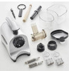 Parts included in the new TWN30S  (Silver finish model). Namely: twin Gears, fine screen, coarse screen, pulp container, juice container, plastic plunger, wooden plunger, cleaning brush, sieve strainer (for pulp free juice), and lock latch - for easy assembly.