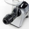Front top view of juicer tray, chute, drum and end cap along with top down view of the strong ergonomic handle.