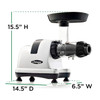 Omega Juicers Provided Image illustrate the machine dimensions.
Dimensions
6.5” W × 14.5” D x 15.5” H (165mm W × 368mm D × 394mm H)