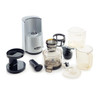 Omega VSJ843 Juicer Parts / Accessories in Silver: 
Mega VSJ843 Motor Base, 
Upgraded dual stage juicing screen, 
Bowl with attached extraction plug, 
GE Twin Wing Ultem Auger, 
Self-cleaning screen holder, 
Two 32 ounce juicing cups, 
Tamper and Brush.
