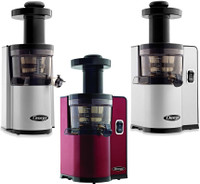 Get the Omega VSJ843QS (square in silver), the VSJ843RS (round in silver) and the VSJ843QR (square in red) Slow Vertical Single Auger Juicers. Free Shipping in Canada Only.