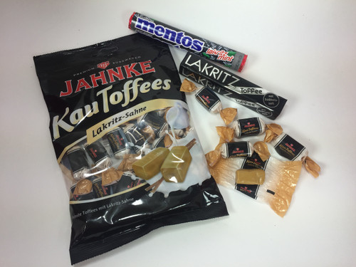 Yummy, the best selection of yummy chewy licorice: mentos licorice and van melle toffee, then we noe ship it with the new premium sea salt toffee from Jahnke! Three great chews in one!