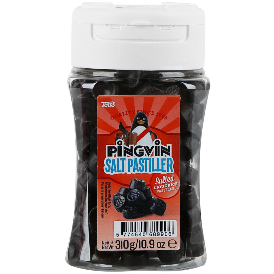 Toms Pingvin Salz Pastiller 310g - 10.9Oz Jar - myGermanCandy.Com