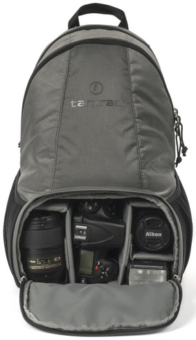 Tradewind Camera Backpack 18 with main DSLR compartment opened (gear not included). Pictured in color Slate.