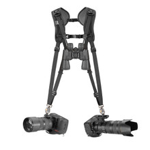 Double Breathe Dual DSLR Camera Harness with two cameras attached (binocular strap is not included)