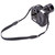 Grey camera strap attached to DSLR camera