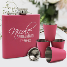 Engraved Bachelorette Bridesmaid Pink Party Hip Flasks Sets