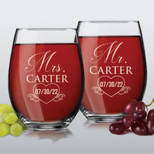 Set of 2 Mr and Mrs Personalized Stemless Wine Glasses