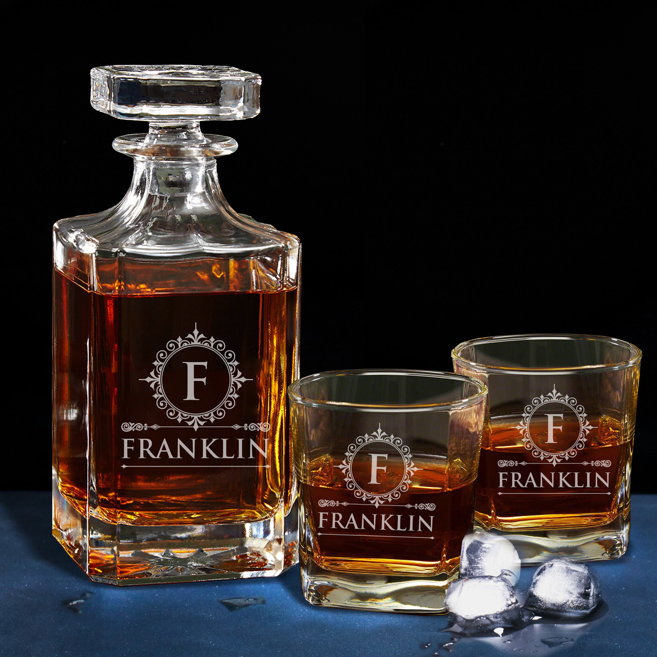 Personalized Whiskey Decanter and 2 Glasses Set Custom Monogrammed with Cavalier Design 