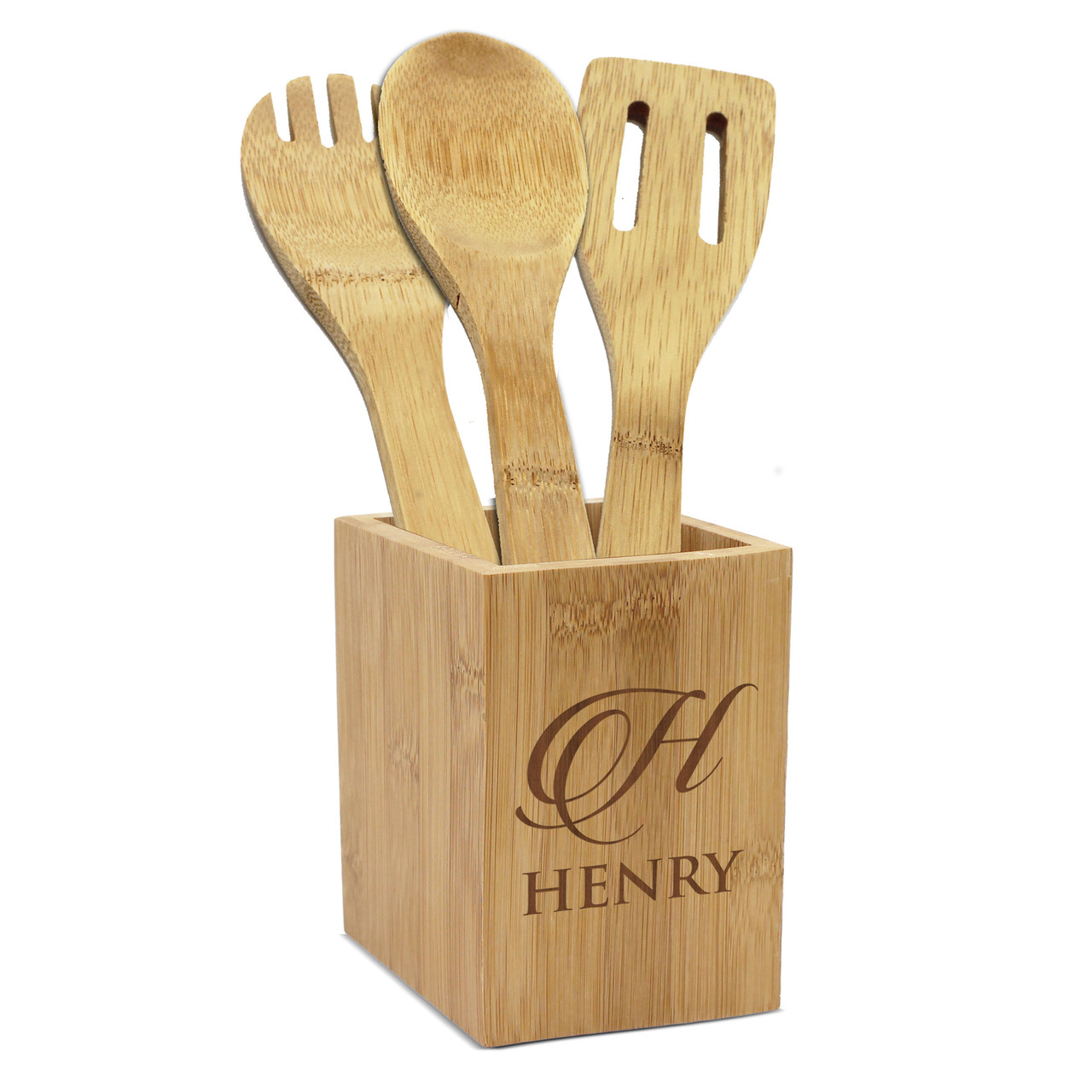Custom Engraved Bamboo Utensil Holder with Utensils