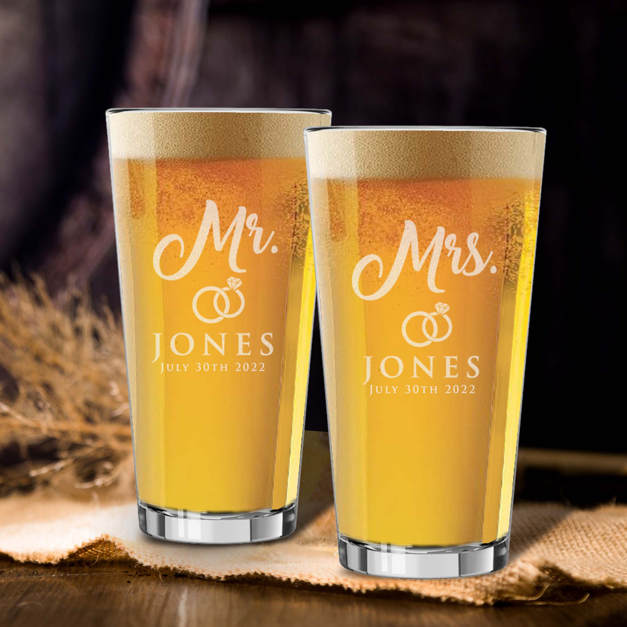 Mr and Mrs Pint Beer Glasses Personalized