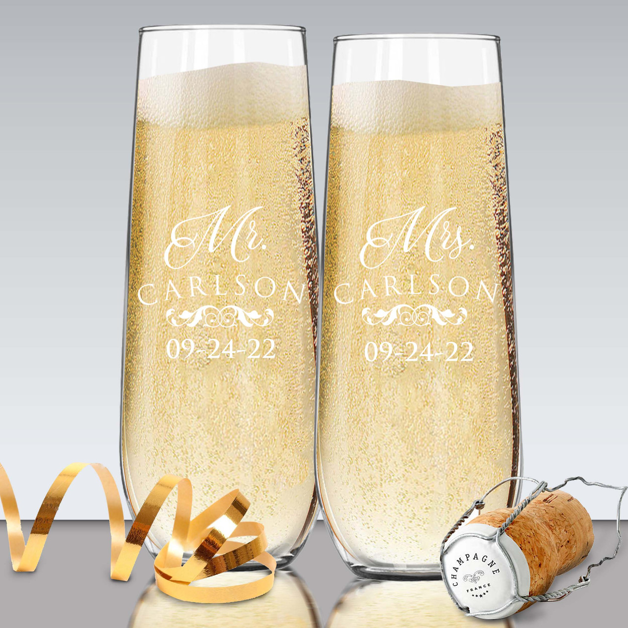 Mr and Mrs Personalized Stemless Champagne Flute Set of 2
