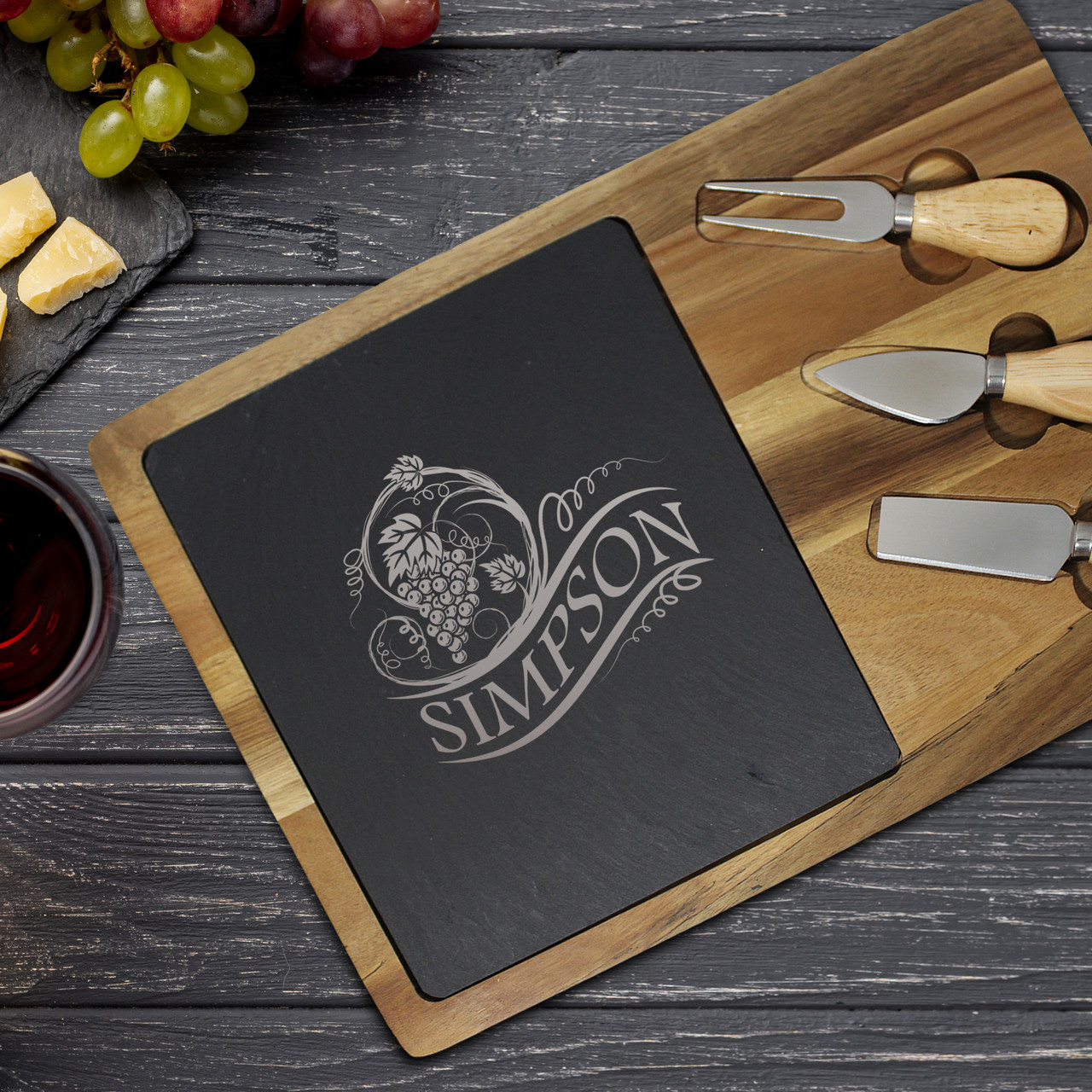 Personalized Acacia and Slate Cheese Board and Knife Set