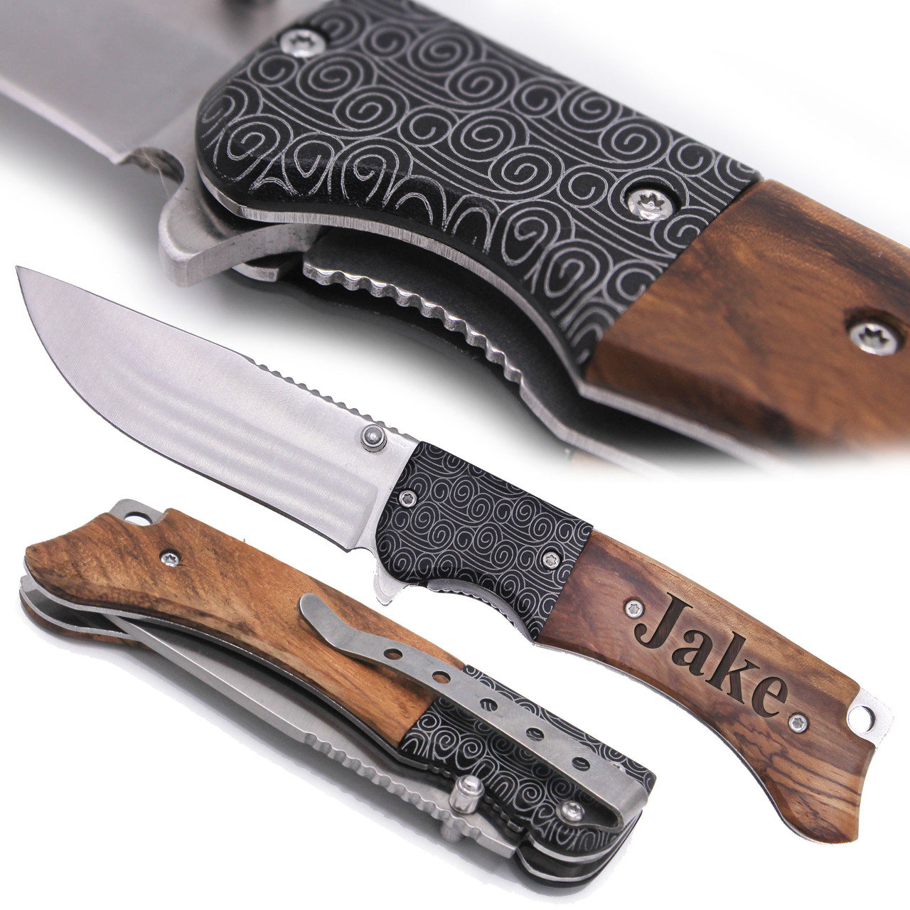 Custom Engraved Pocket Knife with Swirl Decorative Handle