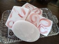 Bloom, Gucci (Type) Soap (DZN-BLM) Designer type scent.  Bar, White with pink swirls, Oval is white.