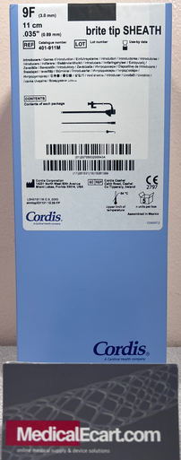 Cordis 401-911M   BRITE TIP® Catheter Sheath Introducer, 401911M, with Mini-Guidewire, Fuschia, 0.035IN, 11CM Cannula, 9FR, Box of 5