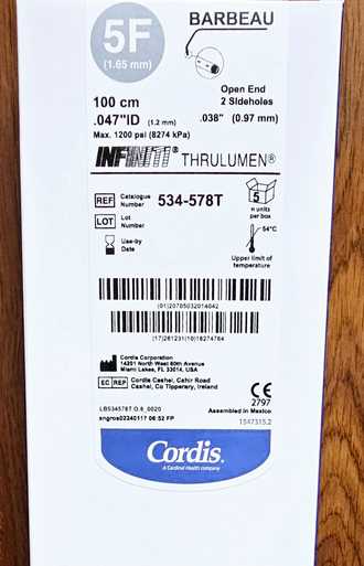 Cordis 534-578T INFINITI ® Diagnostic Catheters Thrulumen, 5F, Barbeau (100 cm), .047" I.D. x .038", Open End, 2 Sideholes. Box of 5