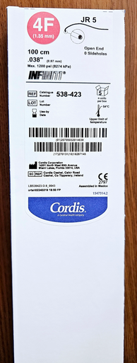 Cordis 538-423 Quick Care 4F INFINITI Diagnostic Catheters, 538423, Right Coronary Judkins Technique, Judkins Right 5, JR 5,, 100cm, .042" I.D. x .035", Box of 5