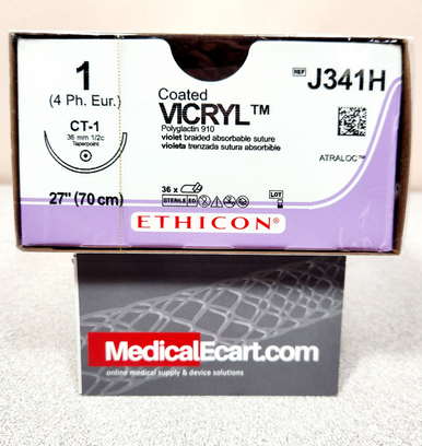Ethicon J341H COATED VICRYL ® (polyglactin 910) Suture, Taper Point, Absorbable, CT-1 36mm ½ Circle, Violet Braided 27" = 70cm, Size: 1, Box of 36 