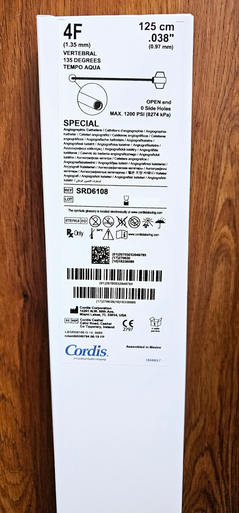 Cordis® SRD6108 TEMPO AQUA™ Hydrophilic Coated Angiographic Catheter, Vertebral 135° (VERT), 4Fr X 125 cm, 0.038" Guidewire, Box of 01
