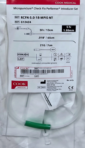 COOK G12424 Micropuncture® Check-Flo Performer® RCFN-5.0-18-MPIS-NT Introducer Set, 5Fr. x 13 cm, with a Nitinol Wire Guide .018 X 65cm that has a Platinum Tip, Pack of 05