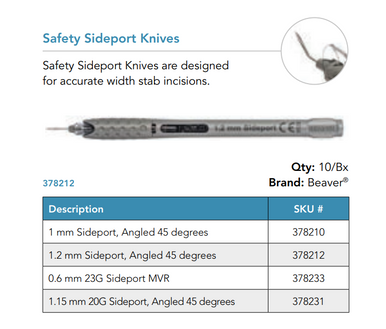 Visitec 378231 Beaver® Safety Sideport Knives, 1.15 mm 20G Sideport, Angled 45 degrees, Box of 10
