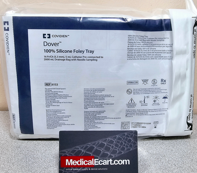 CARDINAL HEALTH 6153 Dover™ 100% silicone Foley Tray 16 Fr, 5 mL catheter pre-attached to 2000 mL drainage bag with needle sampling, 48 in tubing. Case of 10