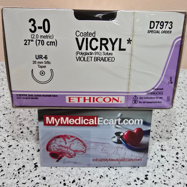 Ethicon D7973 COATED VICRYLÂ® (polyglactin 910) Suture, Taper point, Absorbable, UR-6 26mm 5/8 Circle, Violet Braided 27" = 70cm, Size: 3-0, Box of 36