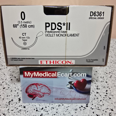 Ethicon D6361 PDSÂ® II (polydioxanone) Suture, Taper Point, Absorbable, CT 40mm Â½ Circle, Violet Monofilament 60" = 150cm, Size: 0, Box of 12