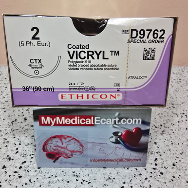 D9762 - Ethicon D9762 COATED VICRYL® (polyglactin 910) Suture, Taper point, Absorbable, CTX 48mm 51/2 Circle, Violet Braided 36" = 90cm, Size: 2, Box of 24