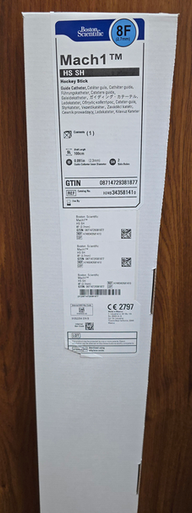 Boston Scientific H749343581410 MACH 1™ Guide Catheter HS SH (Hockey Stick) 8F (2.7mm), ID 0.091in X 100 cm Shaft Length, 2 Side Holes. Box of 01