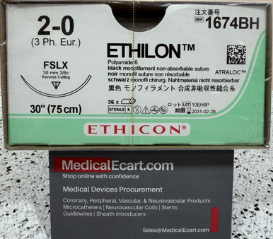 1674BH  Ethicon Nonabsorbable Nylon Monofilament Surgical Suture, 2-0, FSLX, 30", Black
