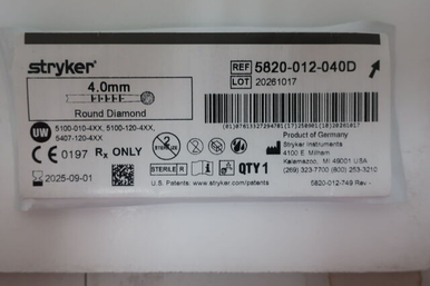 5820-012-040D - STRYKER CORP - SURGICAL BURR DIAMOND/ROUND ELITE 4MM STERILE, Box of 1