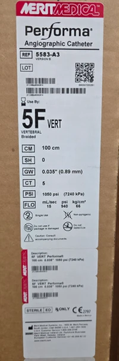 Medical 5583-A3, Performa® VERTEBRAL, Angiographic Catheter, Braided, 5FR VERT, 100 cm, 035" (0.89mm), Box of 05