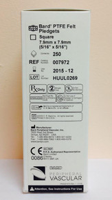 Bard 007972 PTFE Felt Pledgets 8 mm x 8 mm Box of 250 Bard® PTFE Felt Pledgets (Nominal Thickness 1.65 mm). 250/Box
