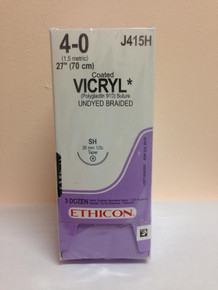 Ethicon J415H COATED VICRYL® (polyglactin 910) Suture, Taper Point, Absorbable, SH 26mm ½ Circle, Undyed Braided 27" = 70cm, Size: 4-0, Box of 36
