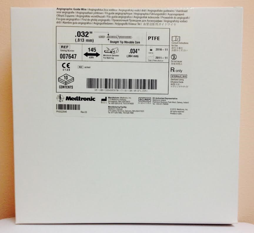 Medtronic Guidewire 0.032" x 145cm Movable Core 3mm 'J' Tip, PTFE