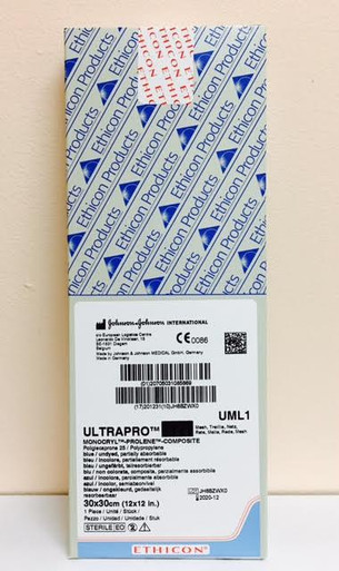 UML1 - JOHNSON & JOHNSON - Hernia and Fascial Repair Mesh UltraPro™ Partially Absorbable Polypropylene / Poliglecaprone-25 12 X 12 Inch Square Undyed with Blue Striping Sterile, Box of 1